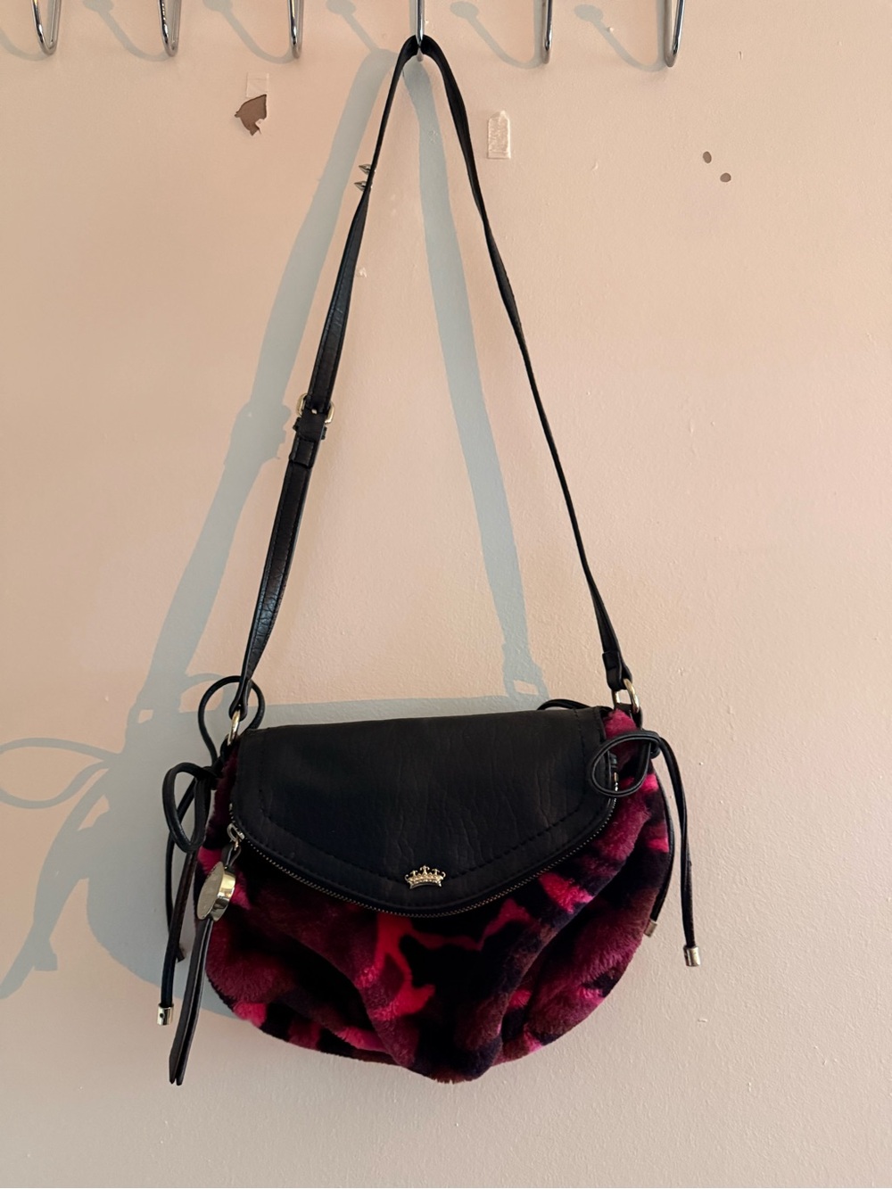 Juicy Couture Black Leather Flap Crossbody with Burgundy Faux-Fur Body
